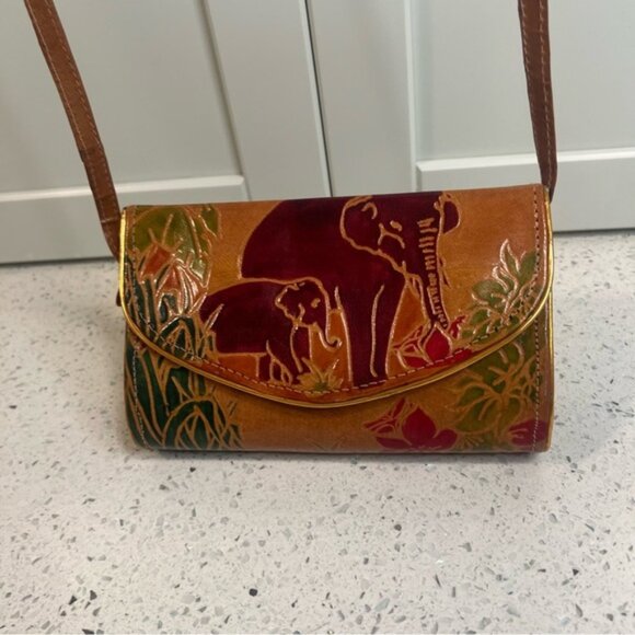 Handbags - Vintage Genuine Boardy Leather Hand Tooled Elephant Safari Purse -Snap Closure